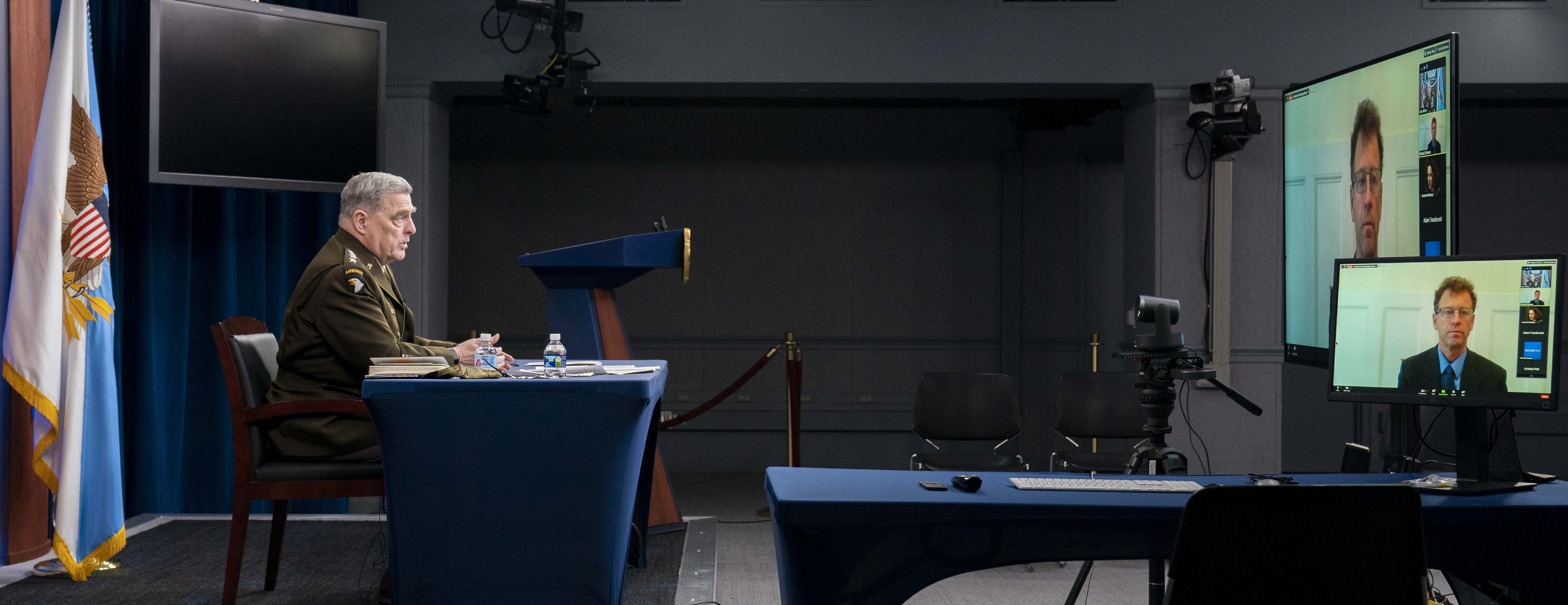 Army Gen. Mark A. Milley, chairman of the Joint Chiefs of Staff holds a conversation about foreign policy with Brookings Institution Sr. Fellow Michael O'Hanlon via teleconference at the Pentagon, Arlington, Virginia, Dec. 2, 2020. (DOD photo by U.S. Army Master Sgt. Chuck Burden)