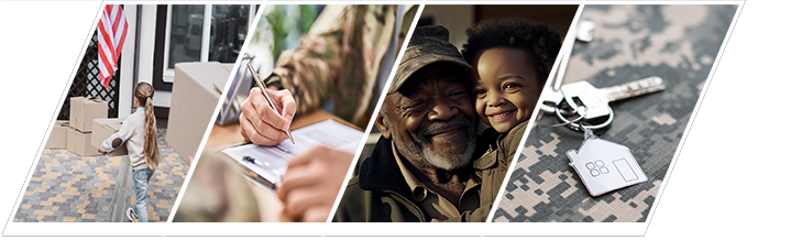 Four images of people moving into a new home, holding a grandchild, keys to a new home, and a family playing. Four images of people moving into a new home, holding a grandchild, keys to a new home, and a family playing.