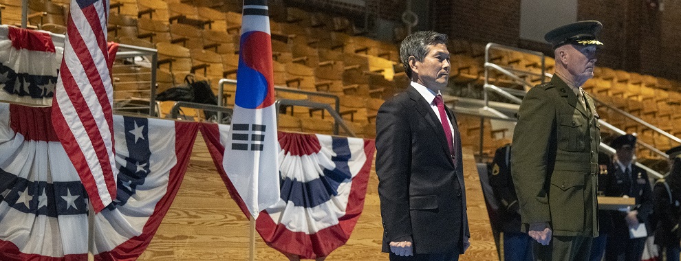 Marine Corps Gen. Joe Dunford, chairman of the Joint Chiefs of Staff, hosts a Armed Forces Full Honor Arrival Ceremony for Minister of National Defense of the Republic of Korea Jeong Kyeong-doo, at Conmy Hall on Joint Base Myer-Henderson Hall, April 2, 2019. (Photo by Dominique A. Pineiro)