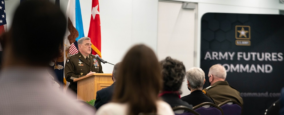 Army Gen. Mark A. Milley, chairman of the Joint Chiefs of Staff, delivers remarks at a ribbon cutting ceremony for the opening of Army Futures Command Software Factory at Austin Community College in Austin, Texas, April 15, 2021. (DOD Photo by Navy Petty Officer 1st Class Carlos M. Vazquez II)