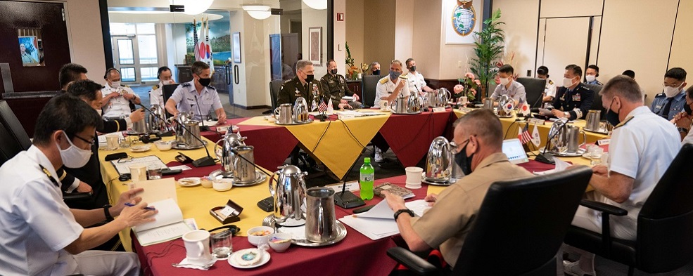Army Gen. Mark A. Milley, chairman of the Joint Chiefs of Staff, meets with Chairman of the Republic of Korea Joint Chiefs of Staff, Gen. Won In Choul, and Japanese Chief of Staff, Joint Staff Gen. Koji Yamazaki for a trilateral meeting at Camp H. M. Smith, Hawaii, April 29, 2021. This is the first in-person meeting between the most senior U.S., ROK, and Japanese military officers since the onset of the global pandemic. The last trilateral discussion was held virtually in November 2020 due to COVID-19 restrictions. (DOD Photo by Navy Petty Officer 1st Class Carlos M. Vazquez II)